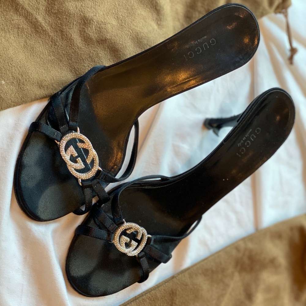 Gucci Vintage Black Crystal Slides